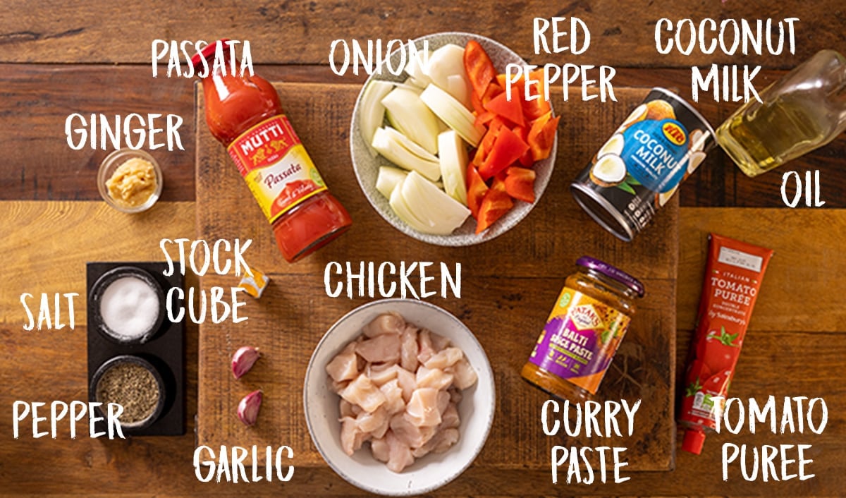 Ingredients for air fryer chicken and coconut curry on a wooden table