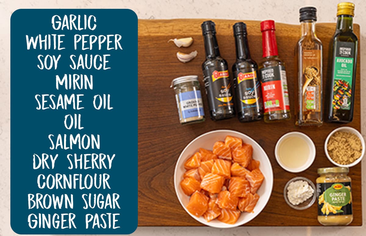 An overhead shot of the ingredients of Air Fryer Teriyaki Salmon laid out on a wooden cutting board, which is on a white surface. To the left of the ingredients is a teal rectangle with the ingredient names written in white. They are as follows: garlic, white pepper, soy sauce, mirin, sesame oil, oil, salmon, dry sherry, cornflour, brown sugar, and ginger paste.