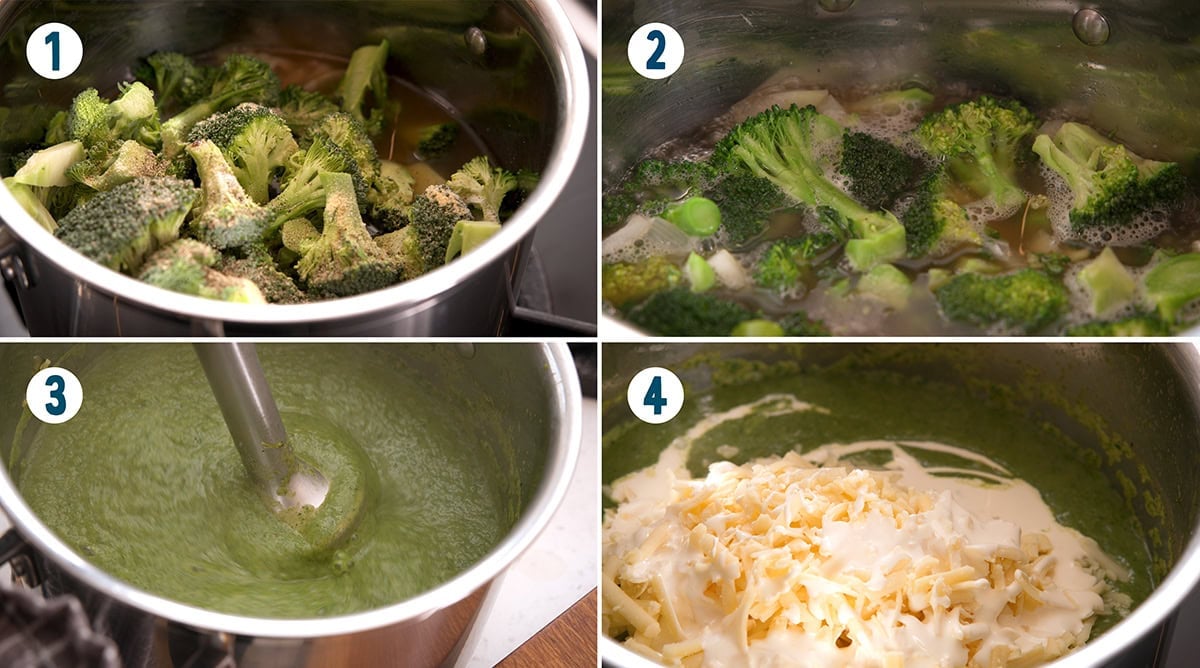 A four image collage showing the key stages of making broccoli cheddar soup.