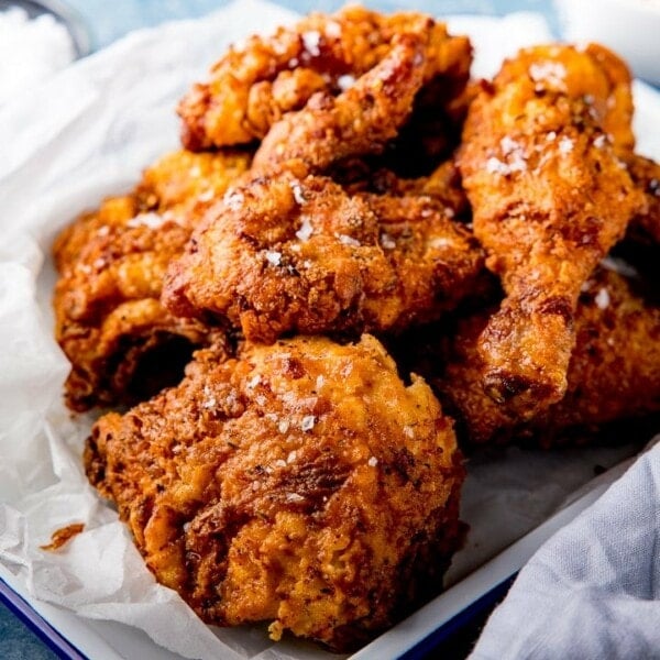 Pieces of crispy fried chicken on a tray