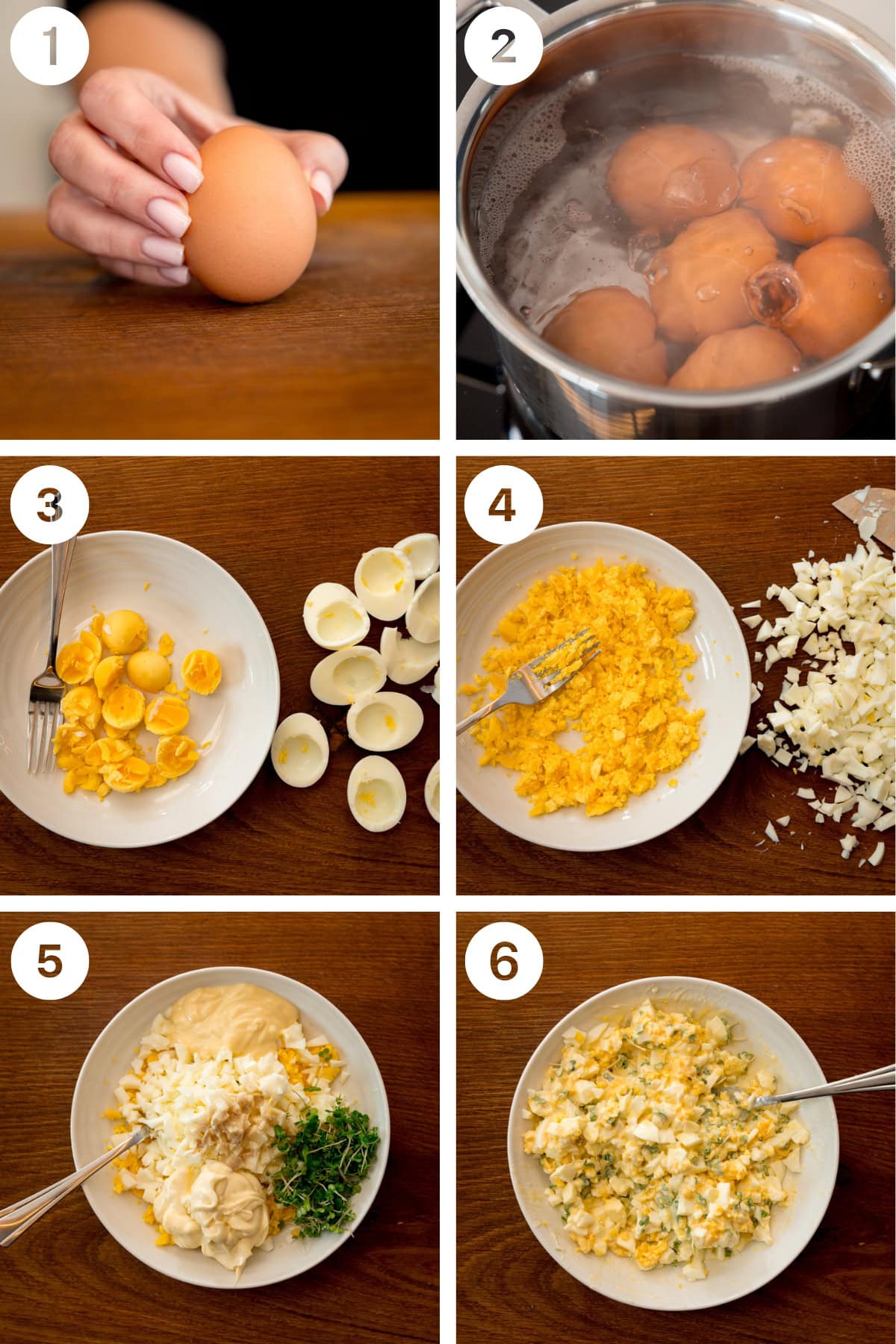 6 image collage showing how to make egg mayonnaise.