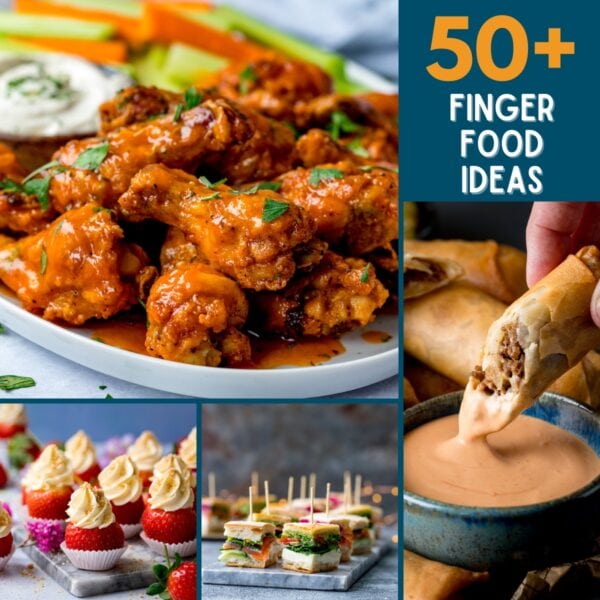 A collage of 4 different fingers foods with a caption that reads "50+ Finger Food Ideas"