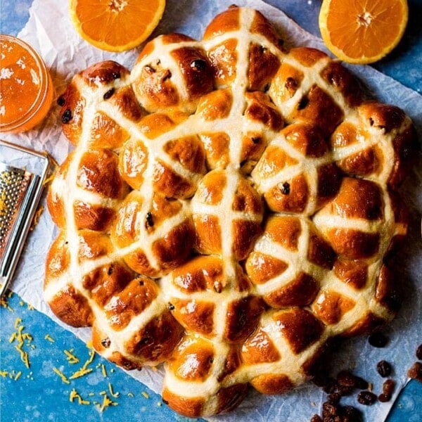 Hot cross buns on a blue background