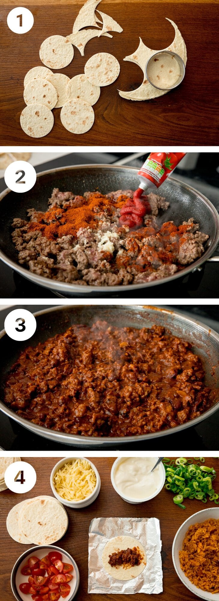 Tall four image collage showing how to prep ingredients for mini burritos.