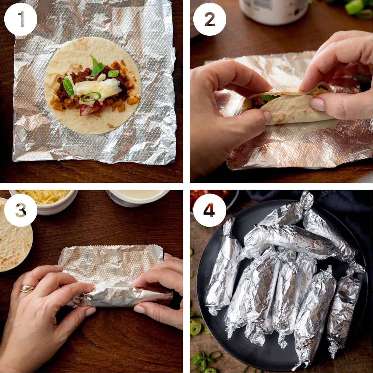 Square four image collage showing how to assemble mini burritos.