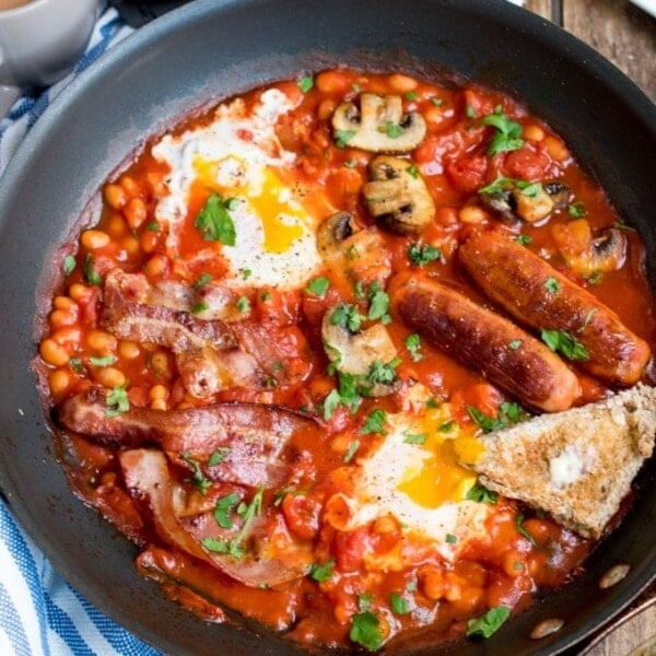 One-Pan English Breakfast with dippy eggs.