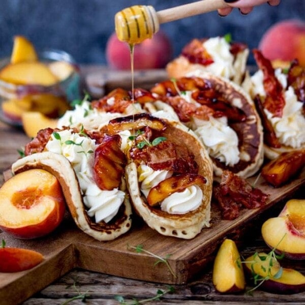 Pancake Tacos with Caramelized Peaches and Pancetta! Plus lashings of whipped cream...