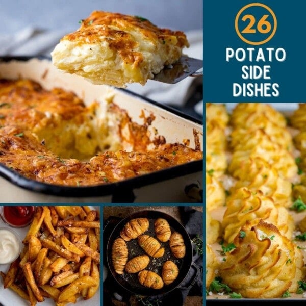 A collage of 4 images showing different potato side dishes.