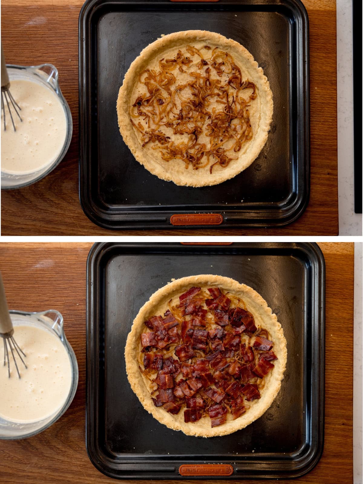 A collage of two images, one on top of the other with a white line separating them. The top image depicts the quiche pastry on top of a square pan, with onions in the pastry. To the left of the pan, there is a clear glass jug with the quiche mixture inside it, with a whisk. This is all set on a wooden background. The bottom image is identical to the top image, except there is also bacon on top of the cooked onions, in the quiche pastry.