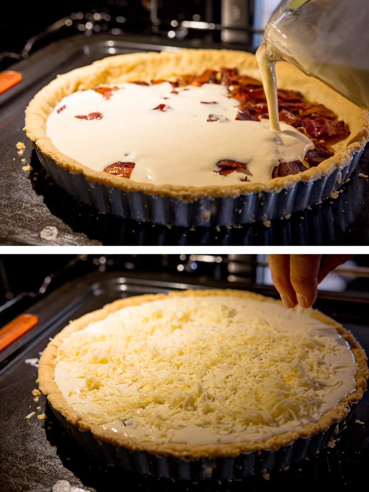 A collage of two images, one on top of the other with a white line separating them. The top image shows the quiche pastry in a metal pastry dish, on top of a square, black metal tray. In the quiche pastry, there is cooked onions and bacon, as well as this, the quiche batter is being poured into the pastry from a glass jug on the top left side of the image. The bottom image shows the same quiche pastry filled with the quiche batter, but this time it is topped with shredded cheese.