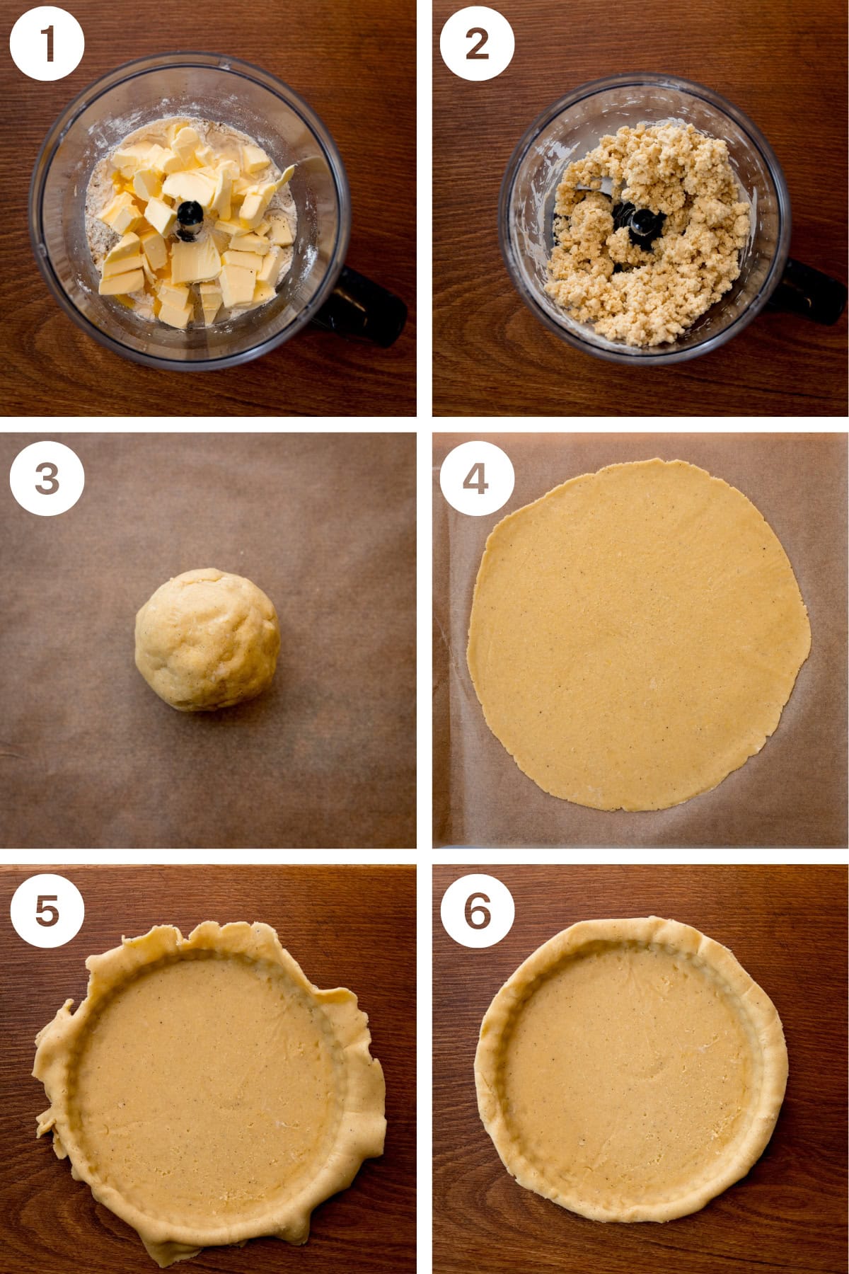 A collage of six square images, each numbered in the top left corner of the image. The images are all separated with white lines. The images show each step in making the Quiche Pastry, all with a wooden background.