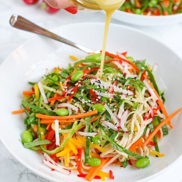 Rainbow noodle salad with Dijon mustard dressing - A crisp, light summer salad with a delicious zingy dressing!