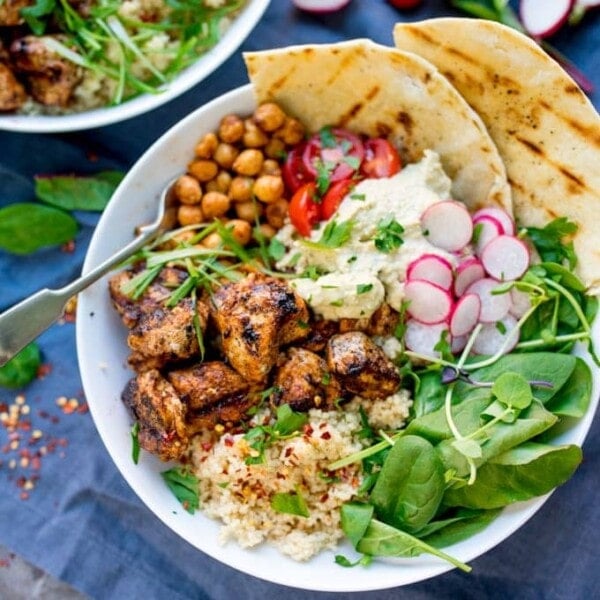 Spicy Chicken Nourish Bowl - A filling and nutritious warm salad, with middle eastern flavours -perfect for Fall. A healthier Autumn dinner.