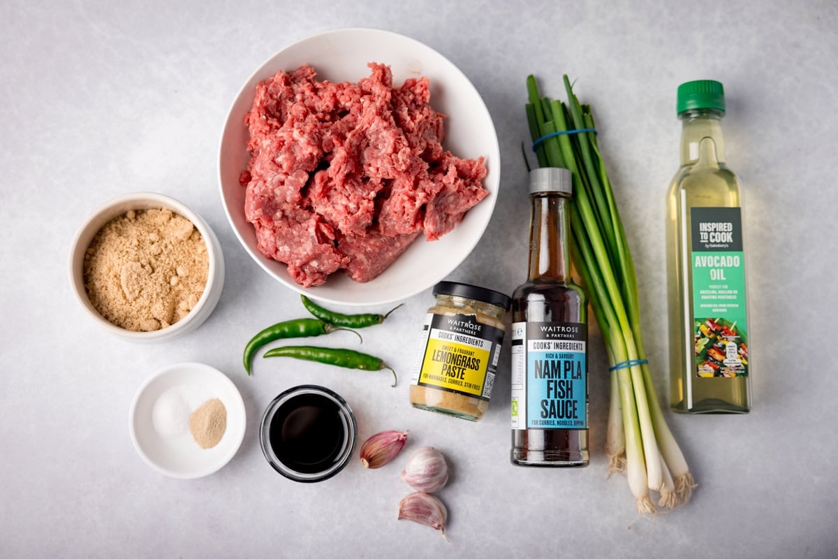 Ingredients for Caramelized minced beef on a light grey background.