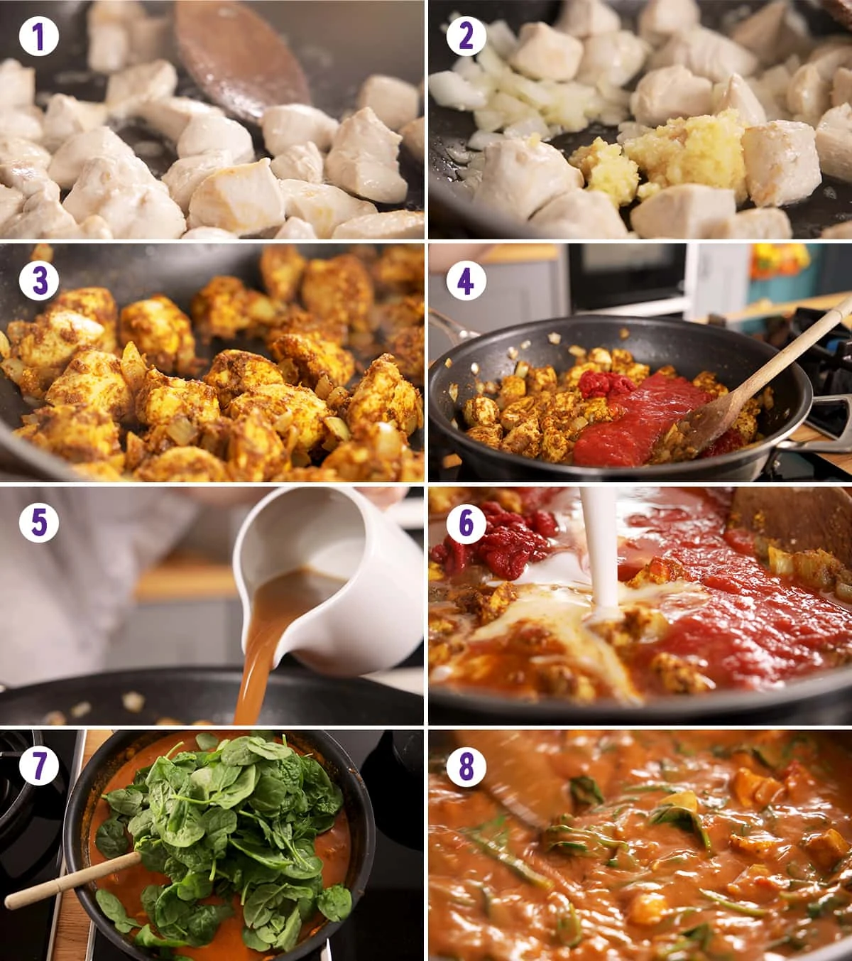 8 image collage showing how to make easy chicken curry