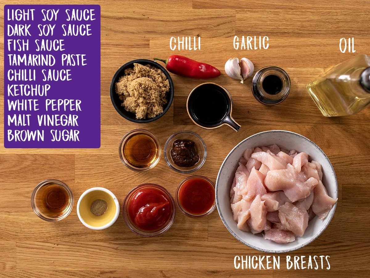 Firecracker chicken ingredients on a wooden background