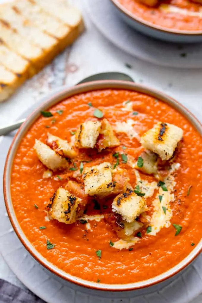 Hidden Veg Tomato Soup with Gruyere Bacon Croutons - yep, this winter soup makes a scrumptiously satisfying dinner! Easy to make gluten free too!