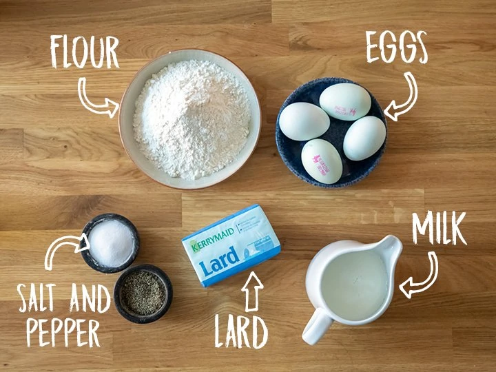 Overhead photo of the ingredients for the Yorkshire pudding recipe